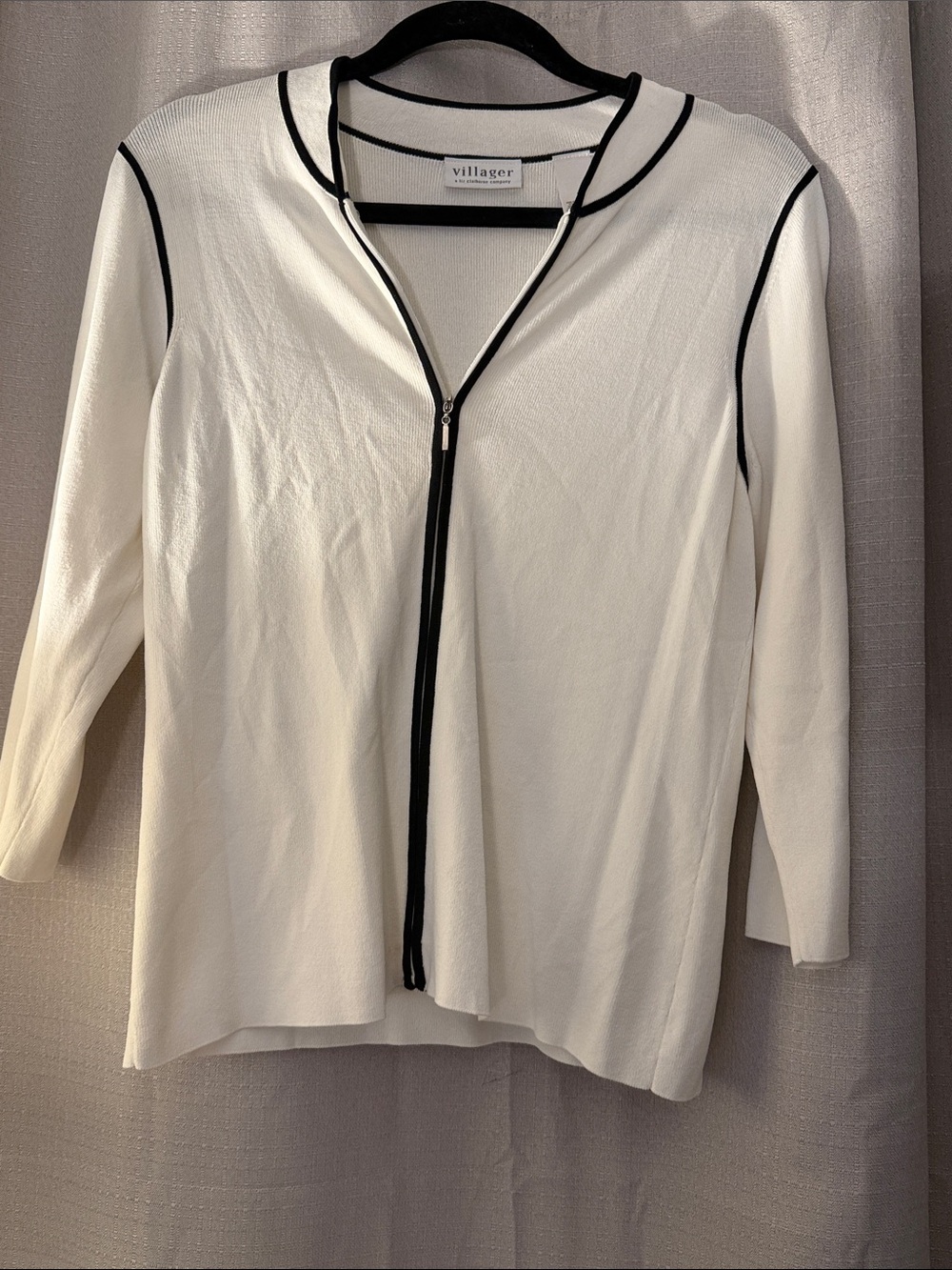 villager White Zip-Front Cardigan with Black Contrast Trim